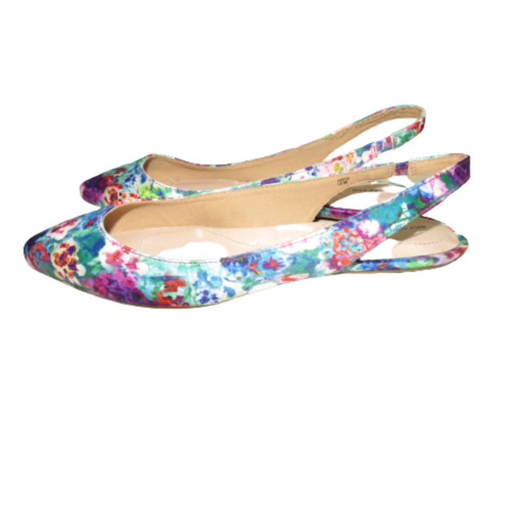 LANDS' END Lucy Shoes Slingback Leather Flats Multicolor Floral Pattern Size 8.5